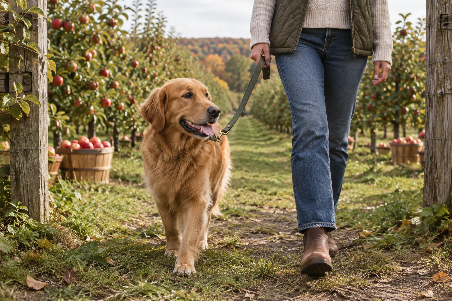Un chien en laisse marche entre les rangées de pommiers dans un verger.