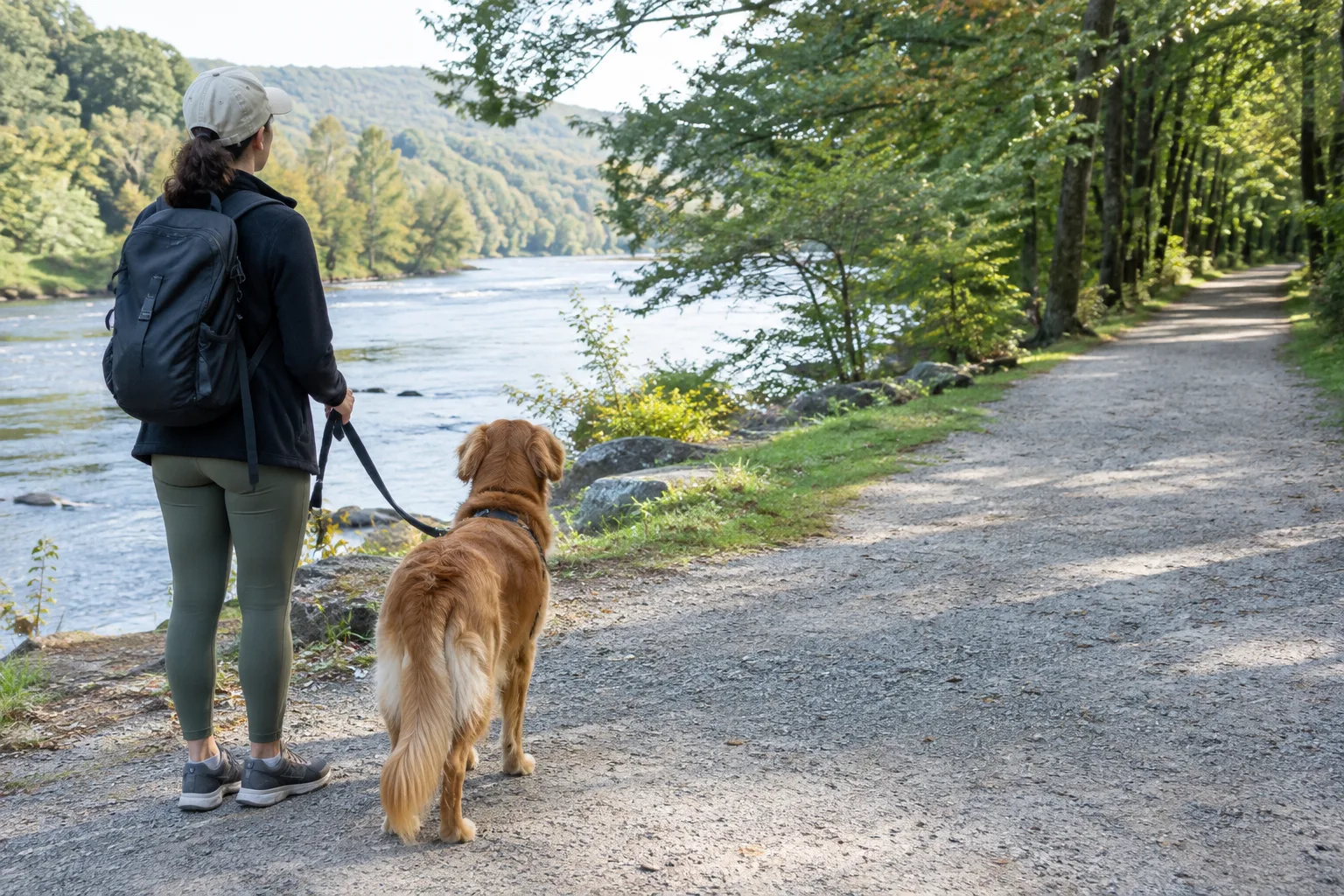 Un chien en laisse attend au début d’un chemin qui longe une rivière.