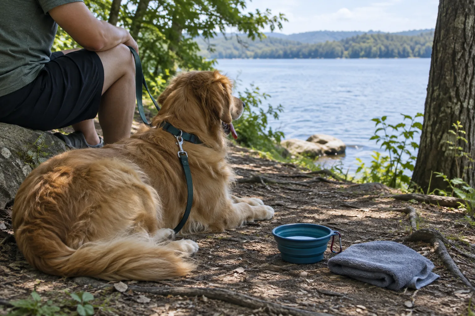 Un chien en laisse fait une pause à l’ombre près d’un accès au bord de l’eau, avec une gamelle et une serviette.
