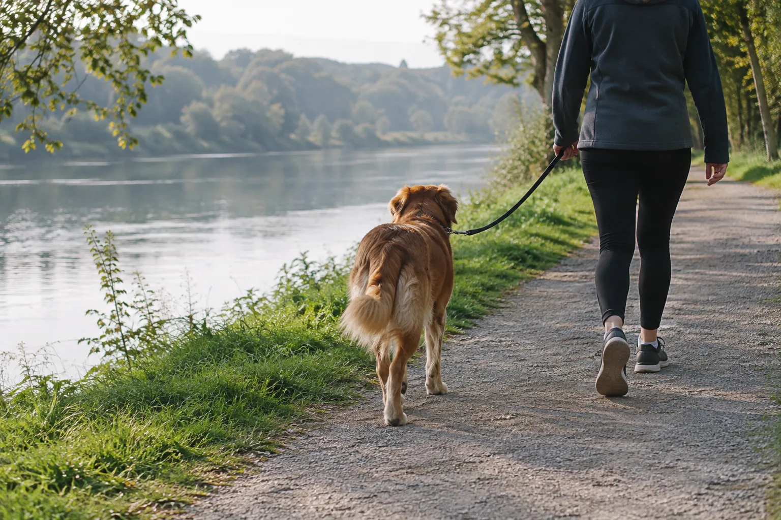 Un chien tenu en laisse longe un chemin au bord d’une rivière.