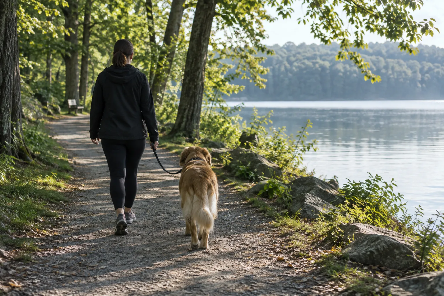 Un chien tenu en laisse marche sur un sentier ombragé près d’un lac.