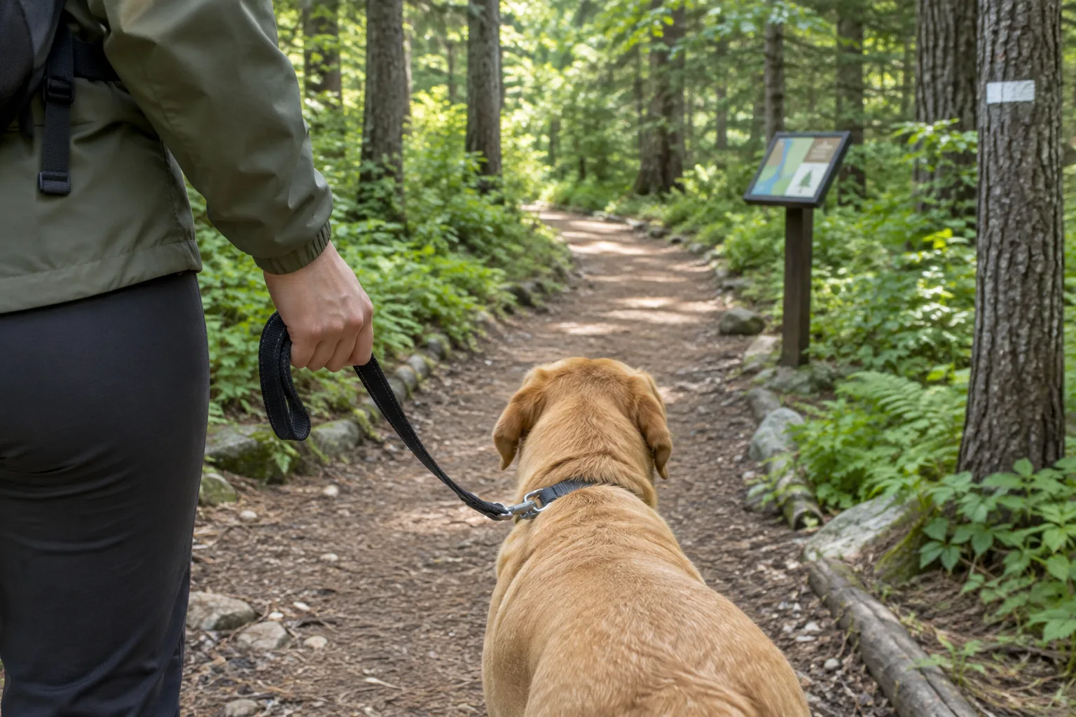 Une personne tient son chien en laisse près d’un panneau d’information forestier.