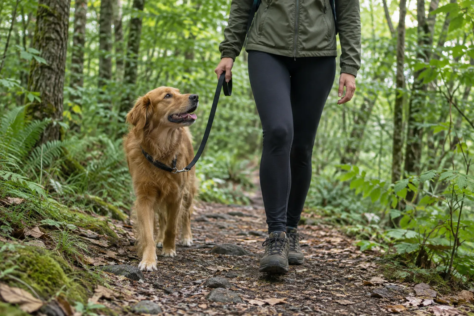 Un chien avance près de son humain, tenu en laisse sur un sentier bordé d’arbres.