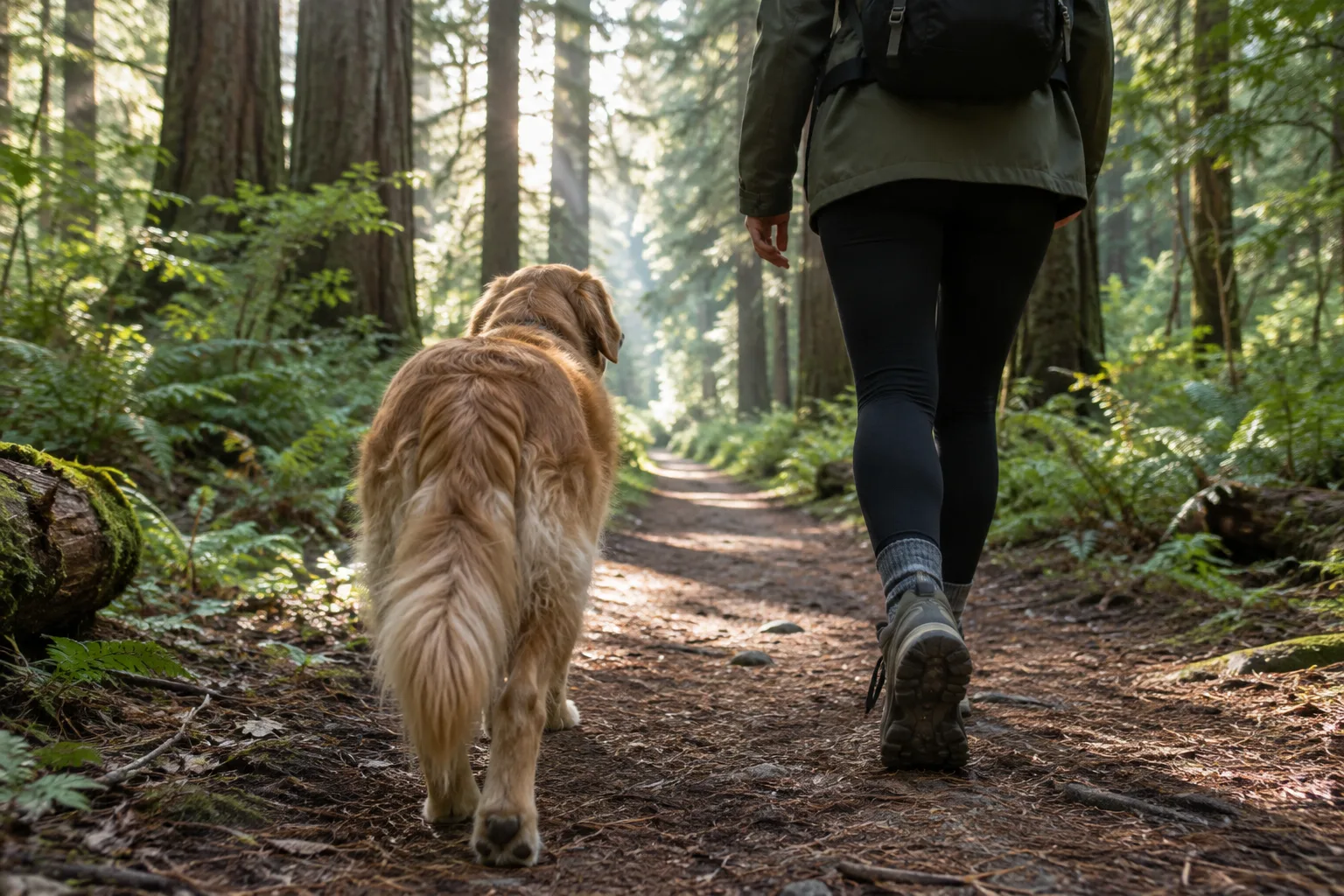 Un chien marche en laisse sur un sentier forestier ombragé.