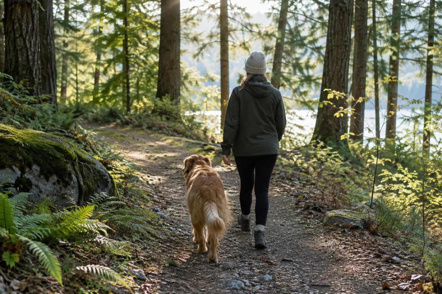 Un chien tenu en laisse marche près de son humain sur un sentier forestier.