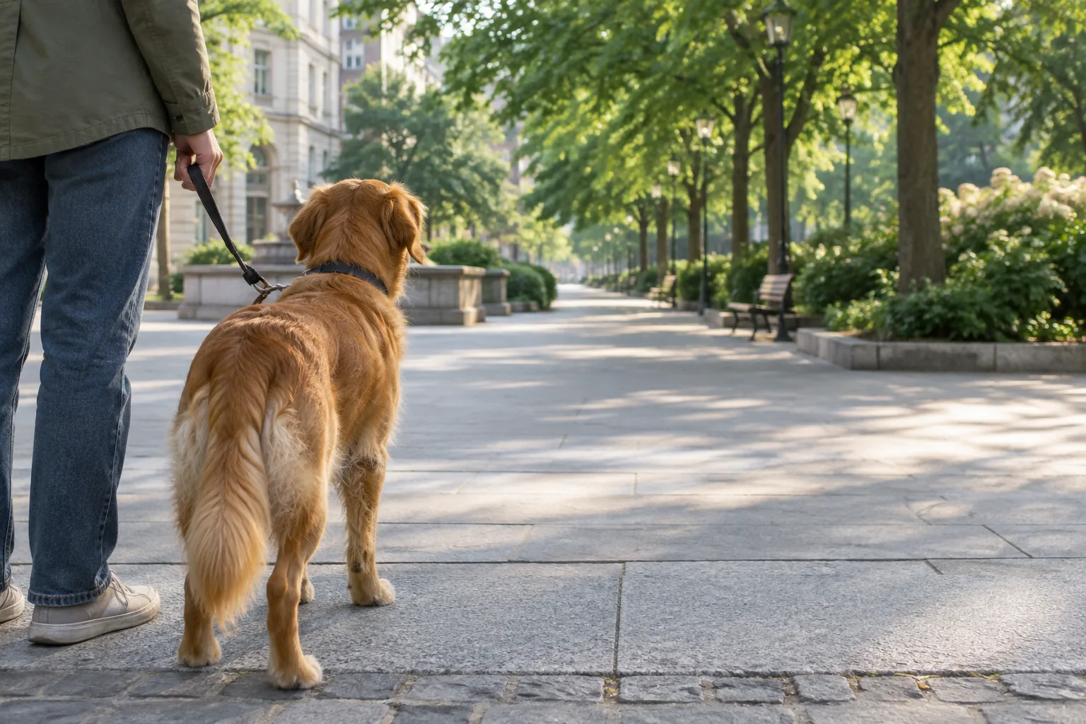 Un chien en laisse fait une pause à l’entrée d’une place ombragée.