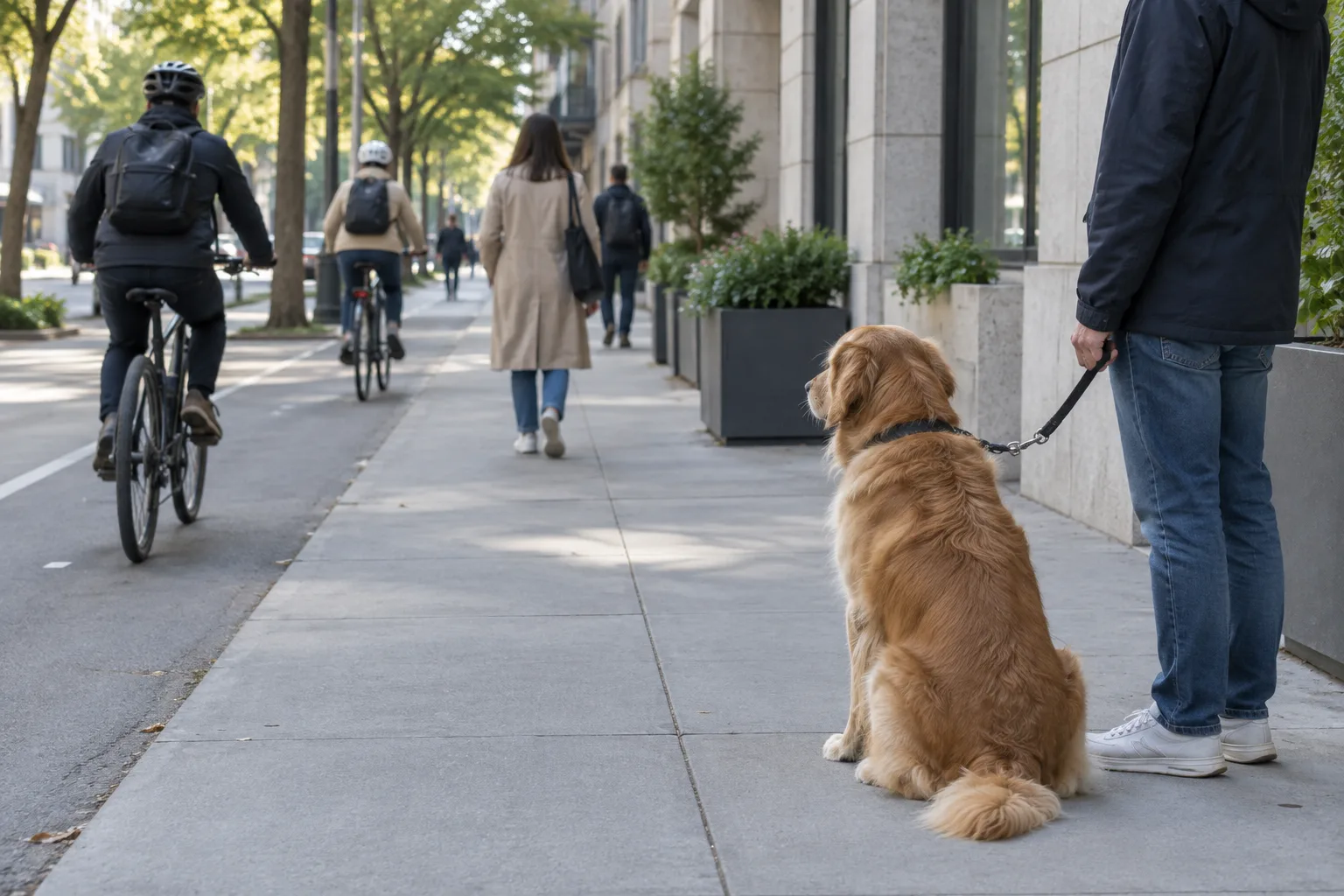 Un chien observe les passants et les vélos depuis un trottoir dégagé, près de son humain.
