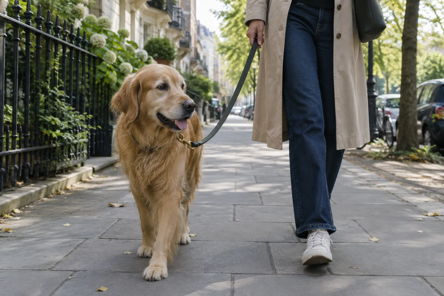 Un chien tenu en laisse avance avec son humain dans une rue calme bordée d’arbres.