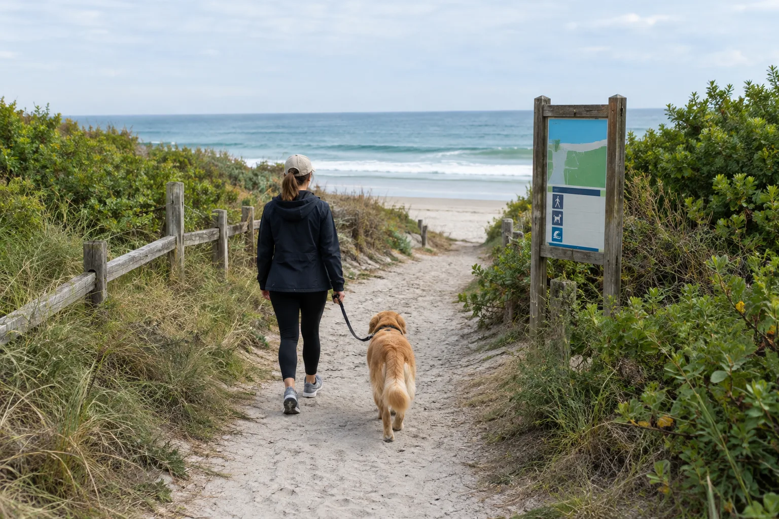 Un chien en laisse rejoint la plage par un chemin d’accès au bord de mer.