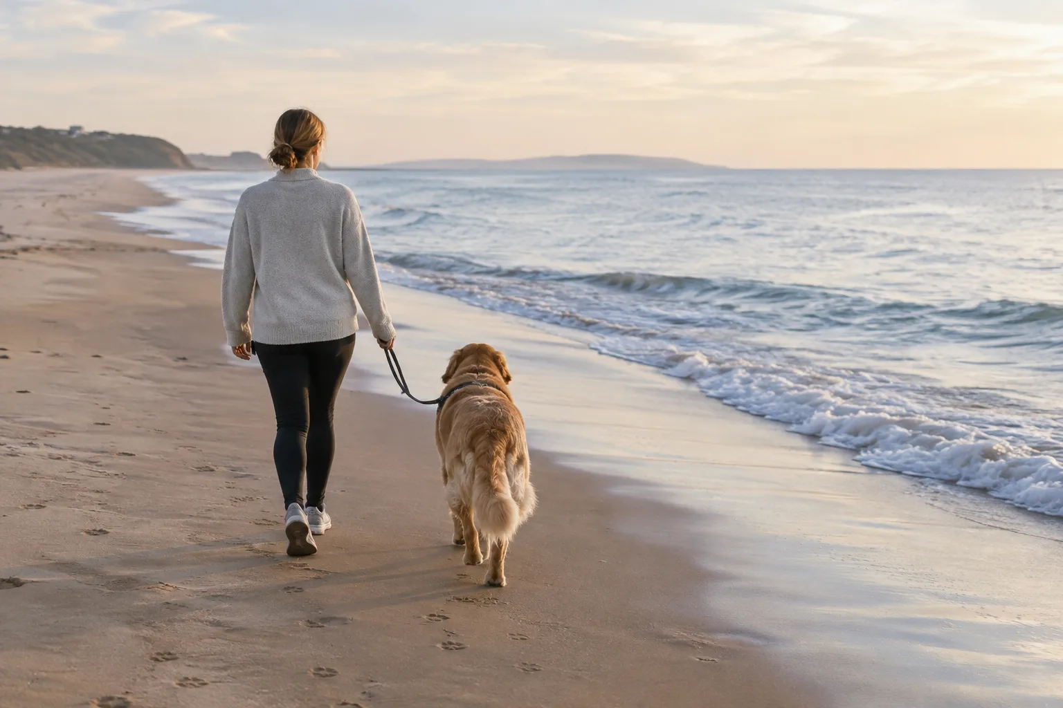 Un chien tenu en laisse marche sur le sable près du bord de l’eau.