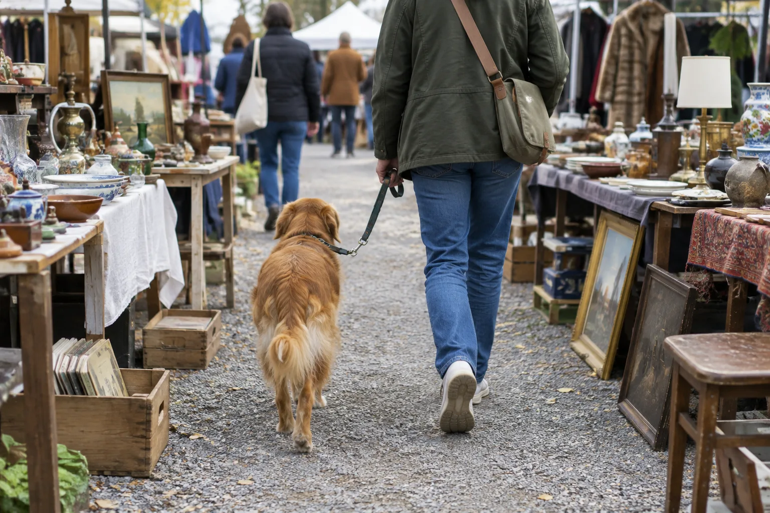 Un chien marche près de son propriétaire dans une allée bordée d’étals de brocante.