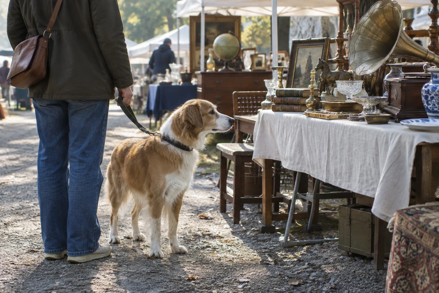 Un chien tenu en laisse accompagne son propriétaire entre les étals d’une brocante en plein air.