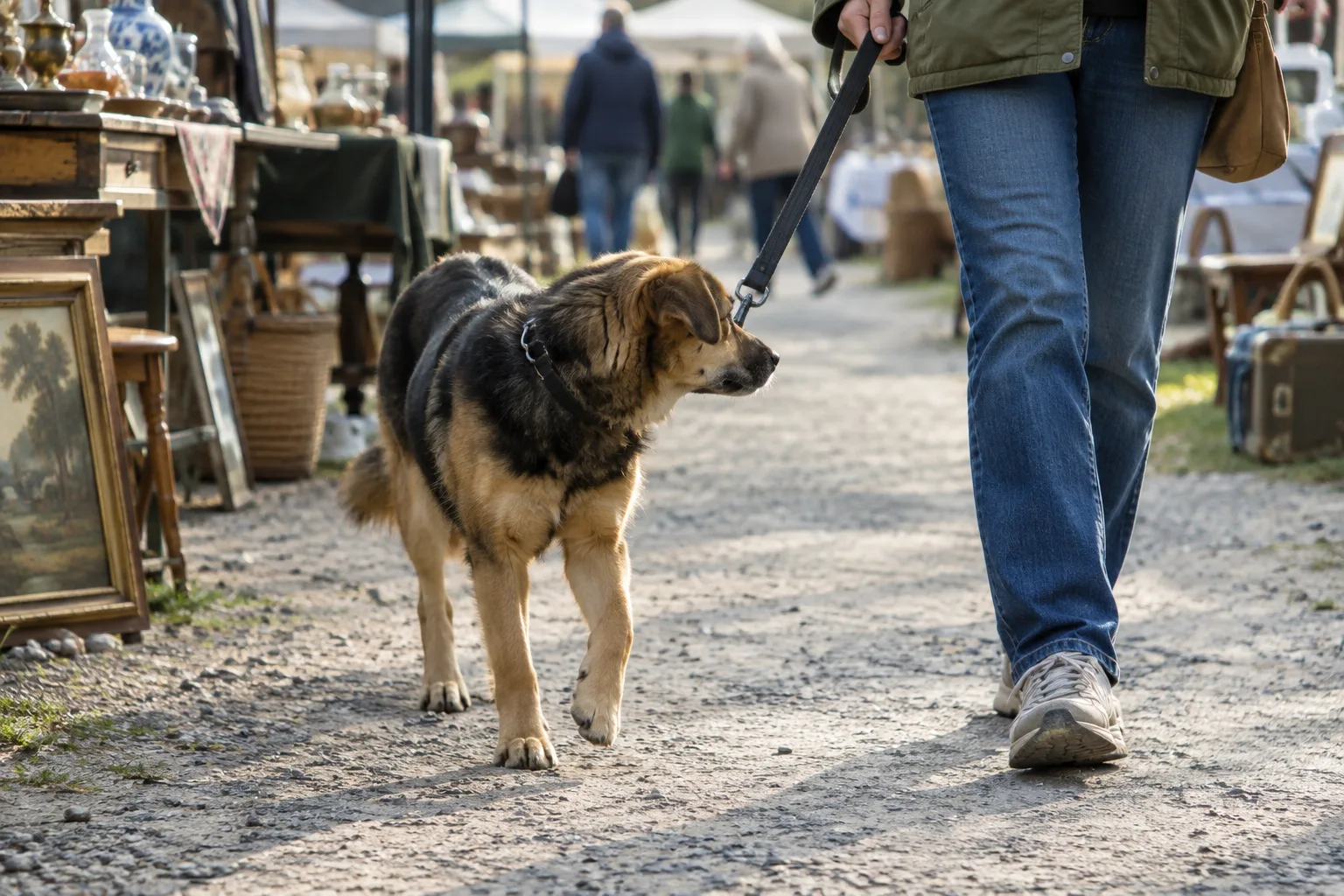 Un chien en laisse accompagne son propriétaire dans une allée de brocante en plein air.