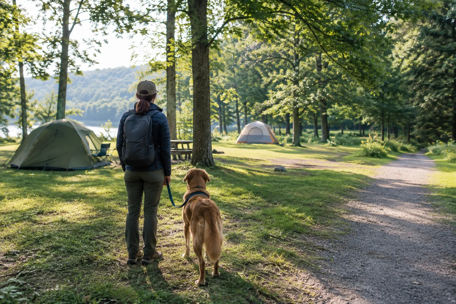 Un chien tenu en laisse découvre une allée calme entre les emplacements d’un camping.