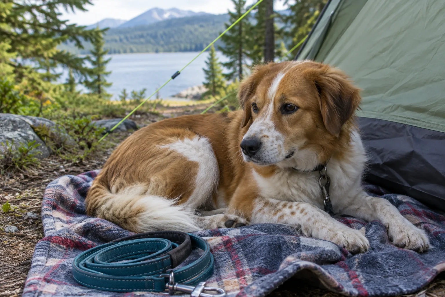 Un chien prend place sur sa couverture près d’une tente, avec sa laisse posée à côté.