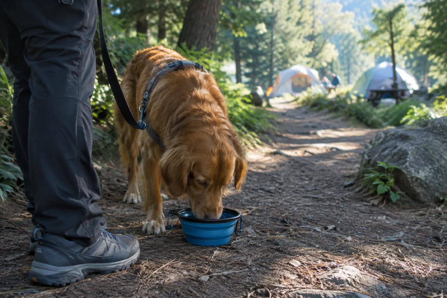 Un chien boit dans une gamelle lors d’une pause à l’ombre sur un chemin de camping.