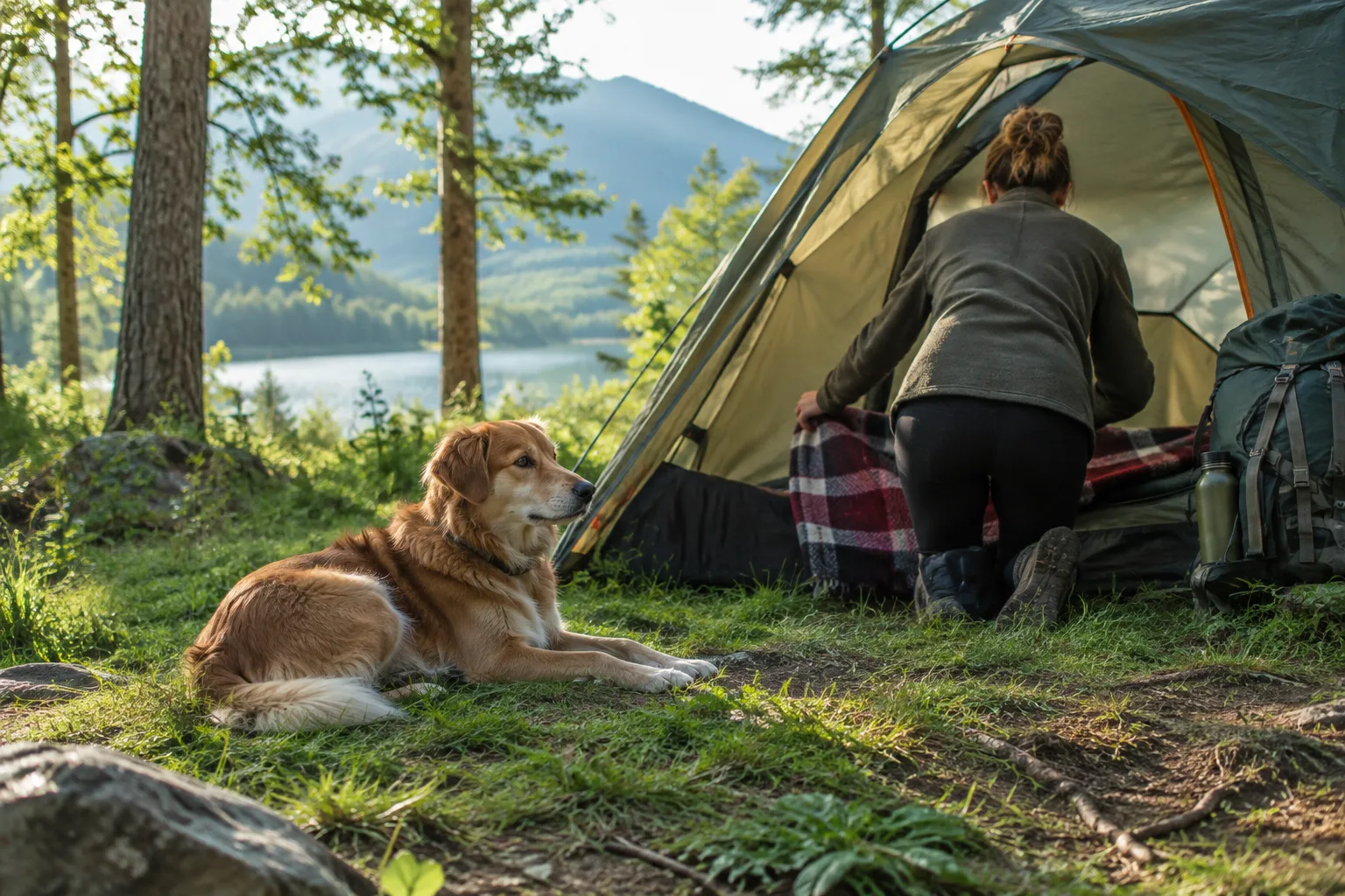 Un chien se repose près d’une tente installée sur un emplacement ombragé.