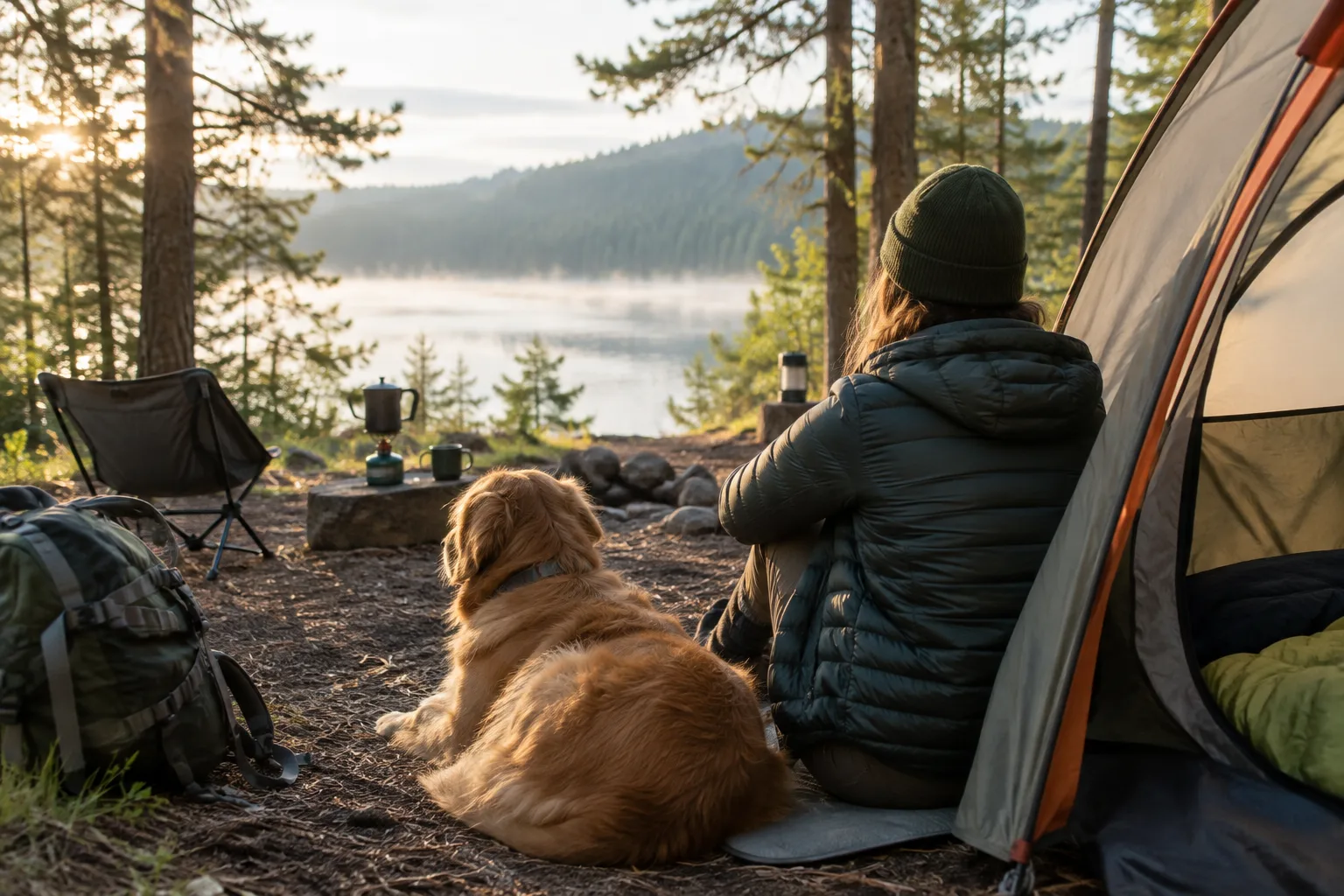 Un chien se repose sur son tapis à l’entrée d’une tente installée sur un emplacement de camping.