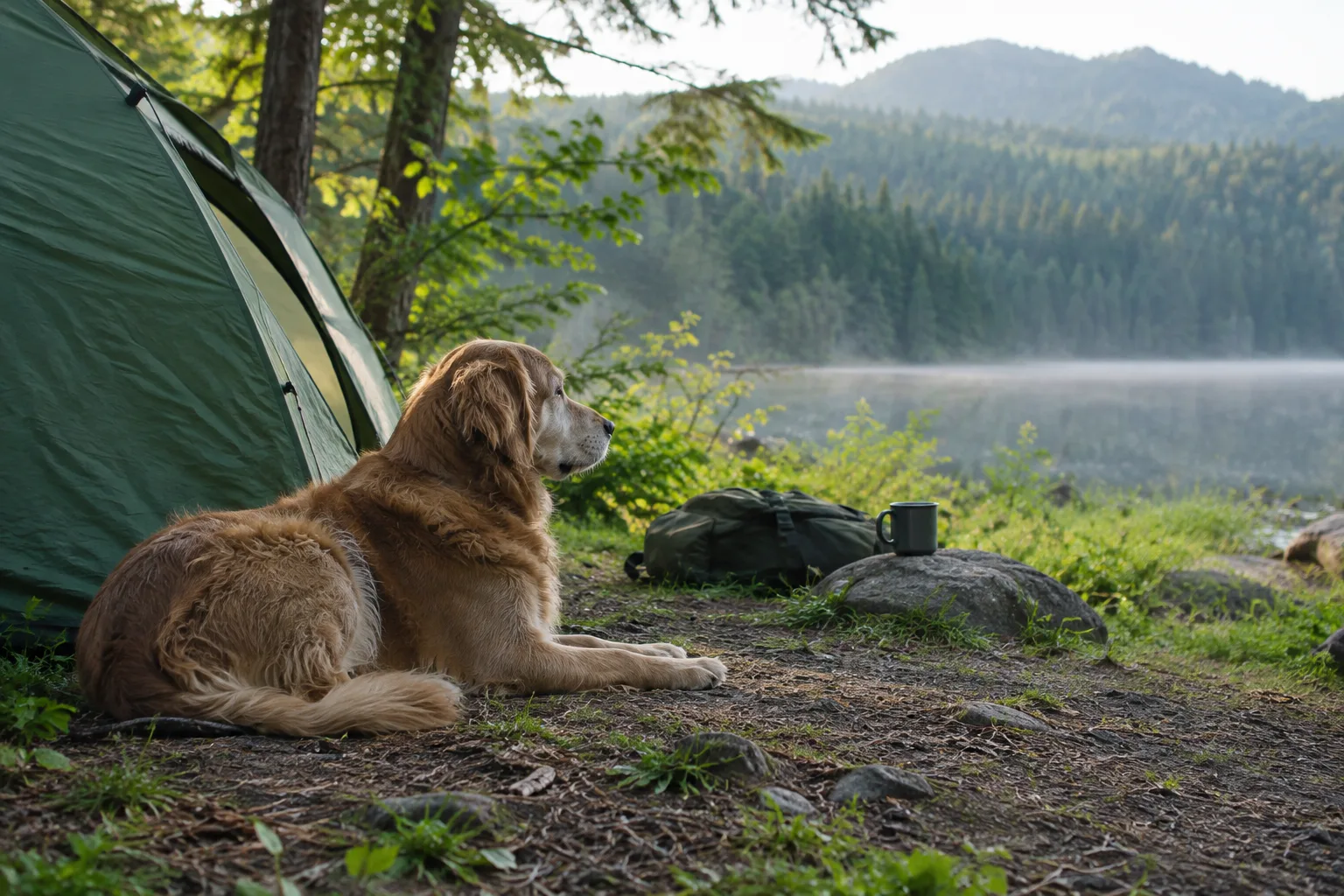 Un chien se repose près d’une tente installée sur un emplacement de camping verdoyant.