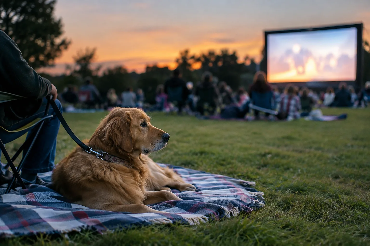 Un chien se repose sur sa couverture en bordure d’une projection en plein air, avec de l’espace pour s’éloigner.