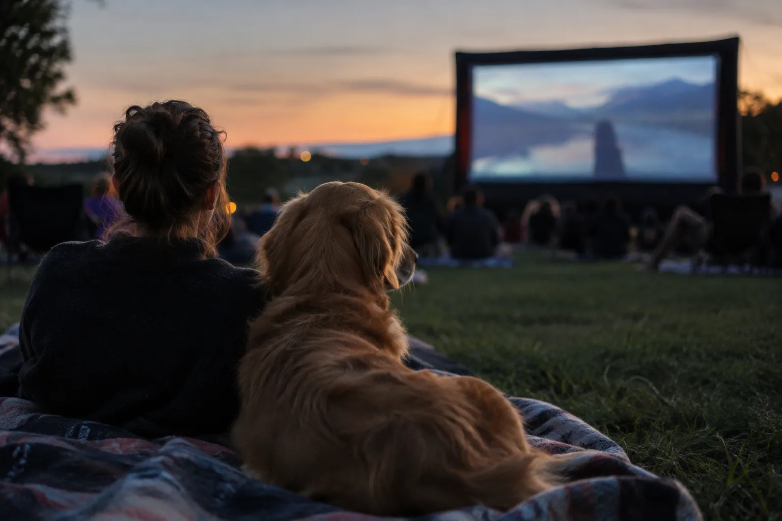 Un chien installé sur une couverture près d’un écran de cinéma en plein air à la tombée du jour.