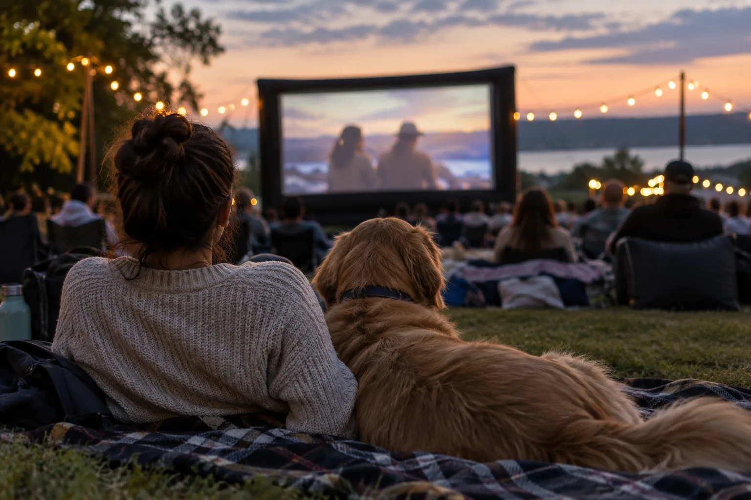 Un chien couché sur une couverture près de son propriétaire lors d’une séance de cinéma en plein air.
