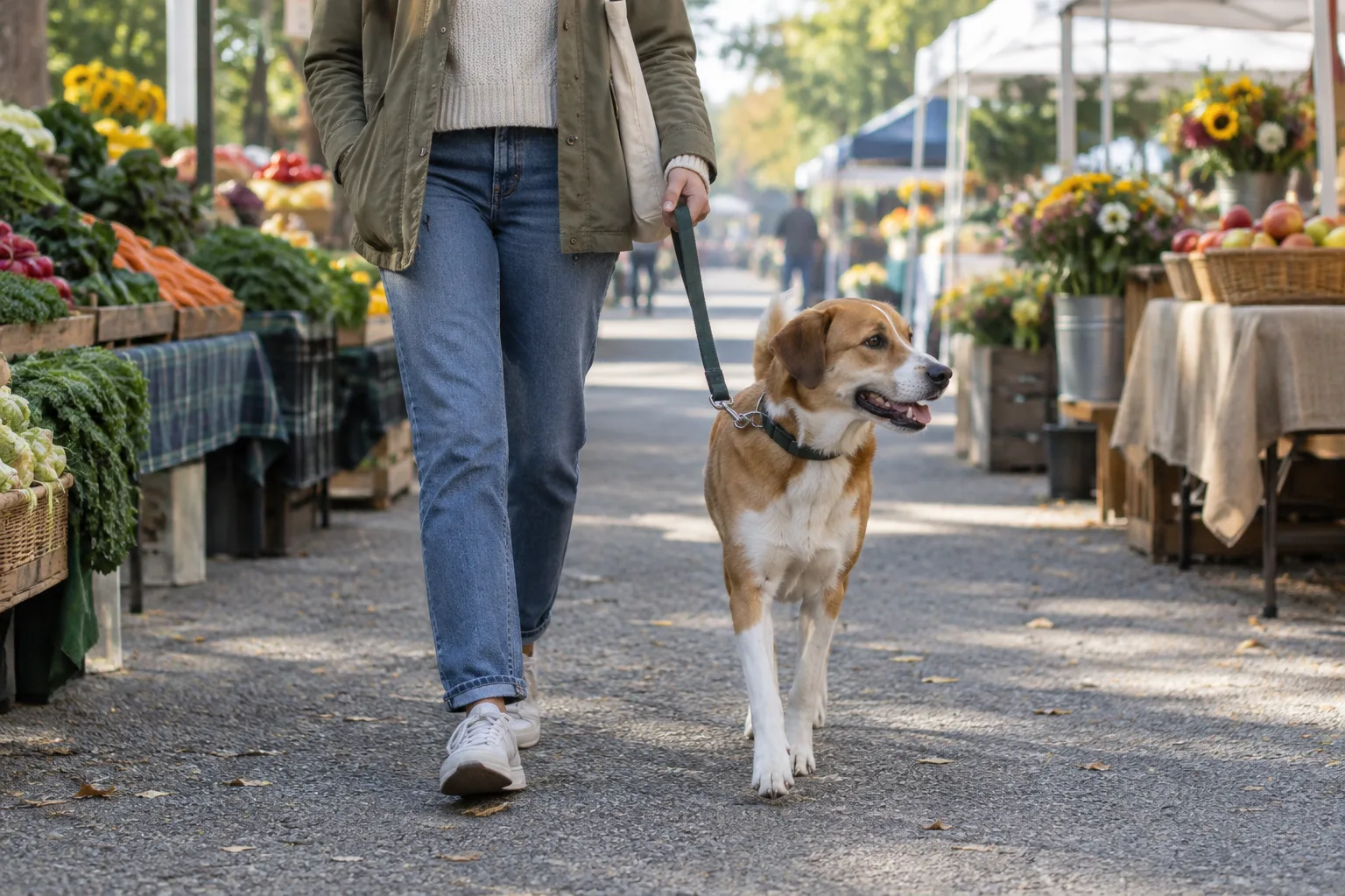 Un chien tenu en laisse accompagne son propriétaire dans une allée de marché en plein air.