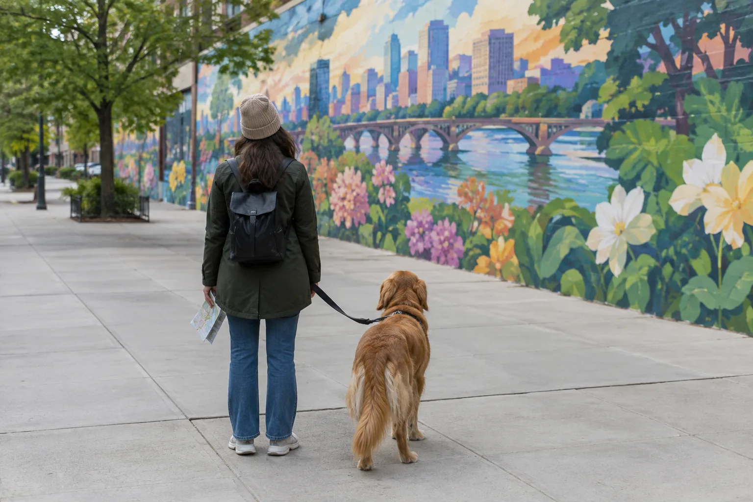 Un promeneur consulte une carte avec son chien en laisse devant une fresque murale.