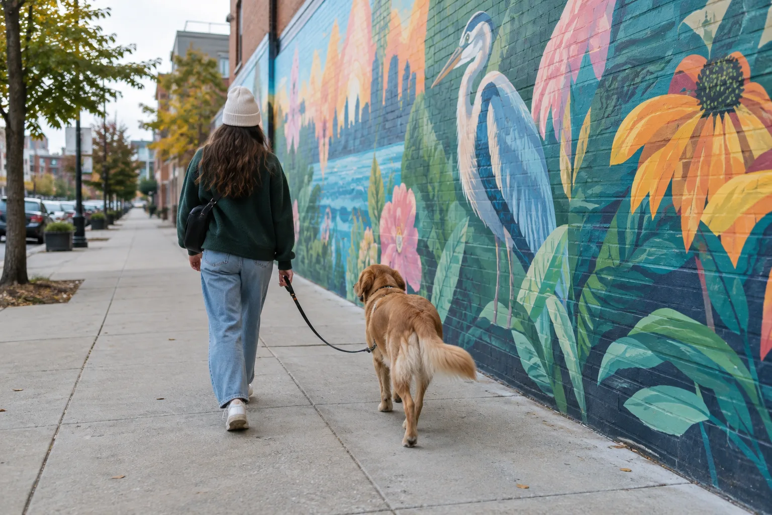 Un chien en laisse marche devant une grande fresque colorée dans une rue de quartier.