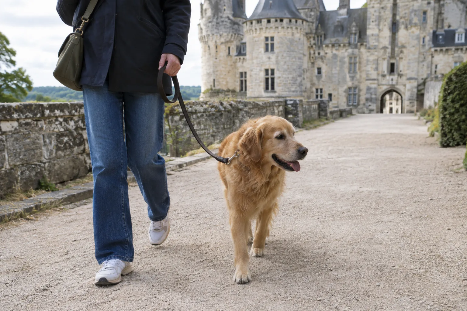 Un chien tenu en laisse découvre la cour extérieure d’un château avec son propriétaire.