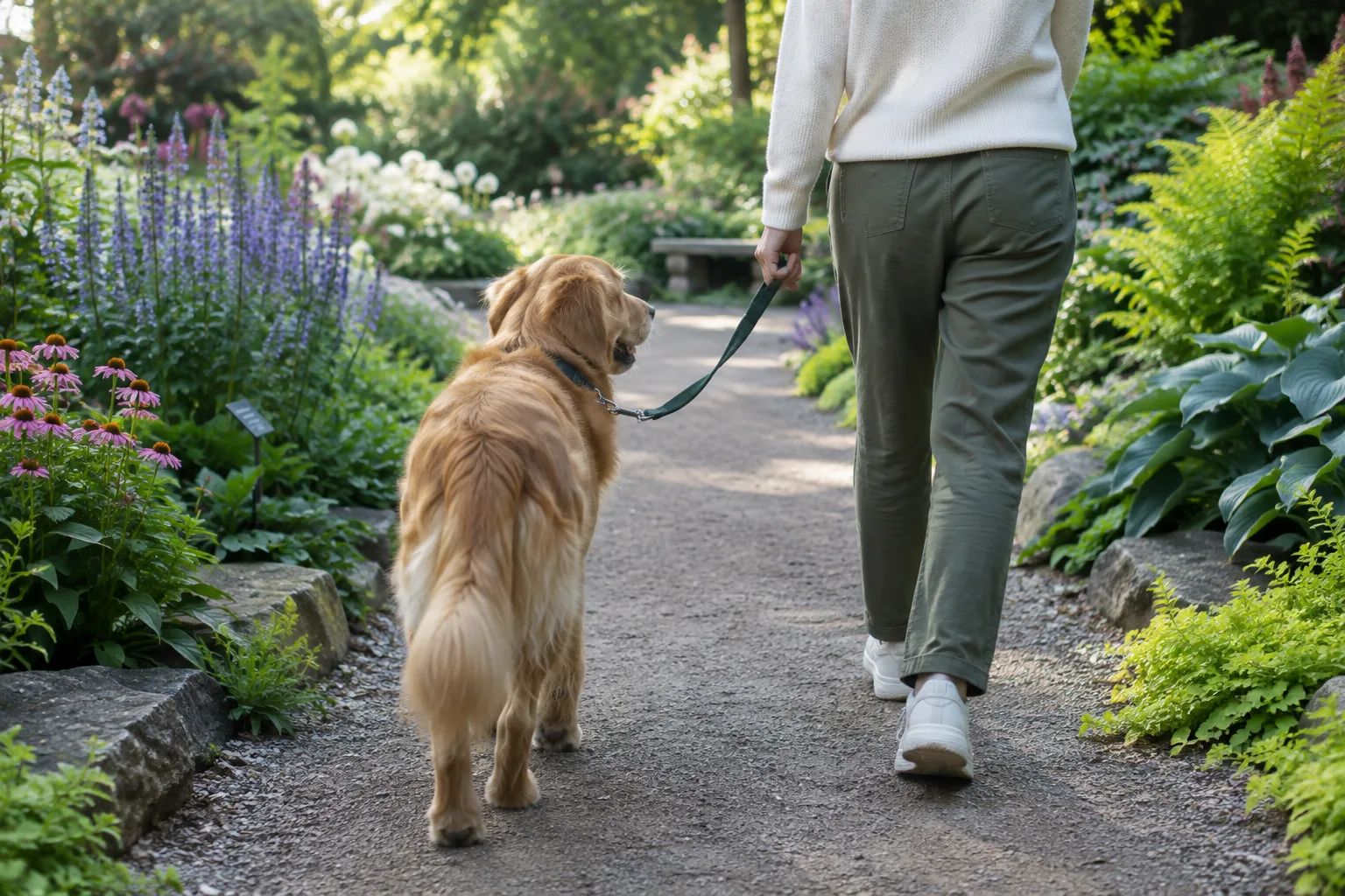Un chien tenu en laisse avance sur une allée bordée de plantes dans un jardin botanique.