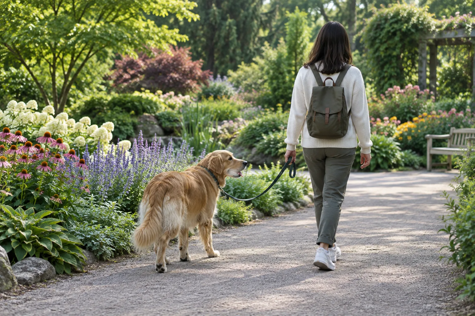 Un chien en laisse avance sur une allée bordée de plantations dans un jardin botanique.
