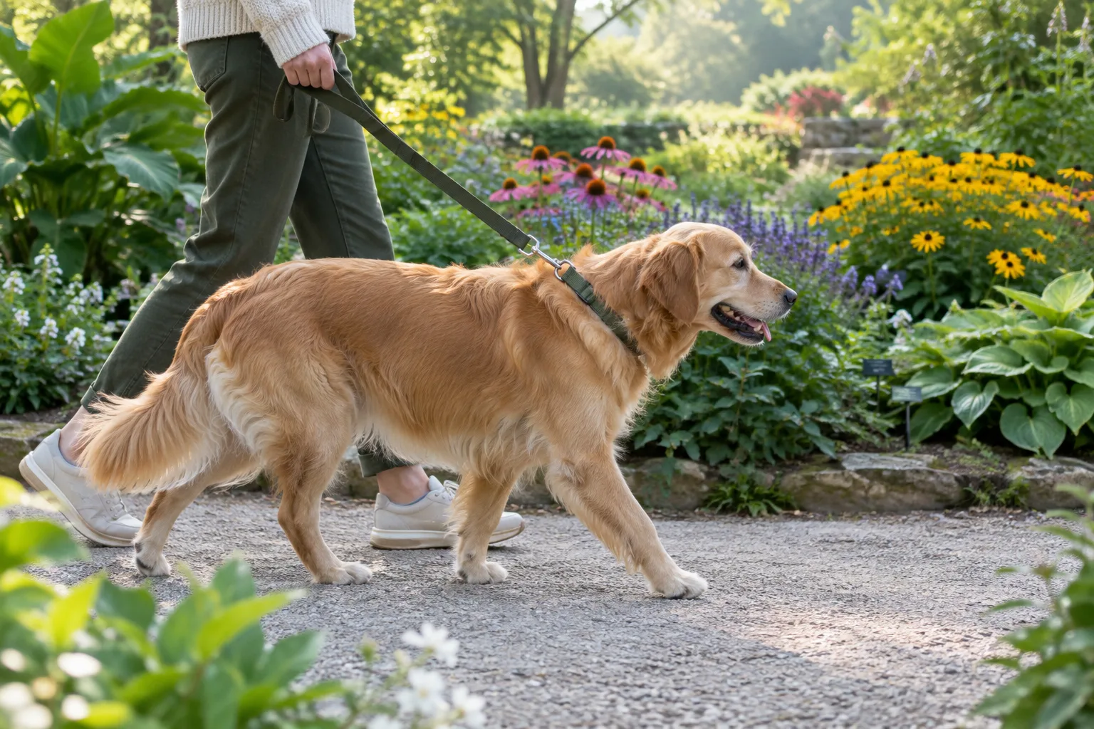 Un chien tenu en laisse avance sur une allée bordée de plantes dans un jardin botanique.