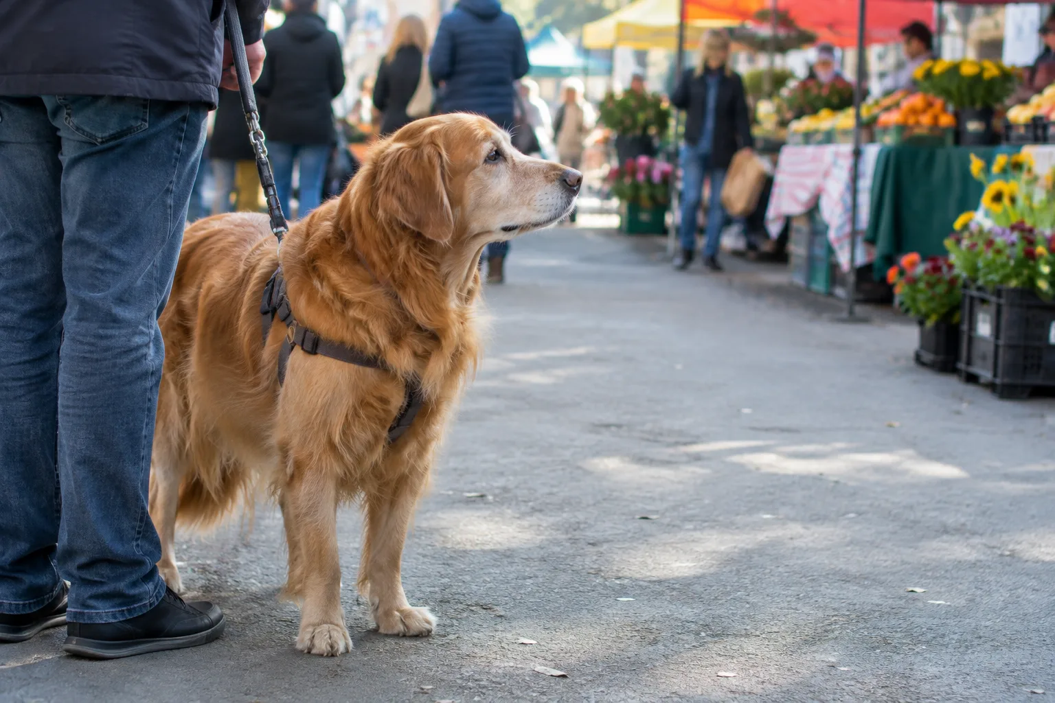 Un chien observe les étals et les visiteurs depuis le bord d’une allée de marché.