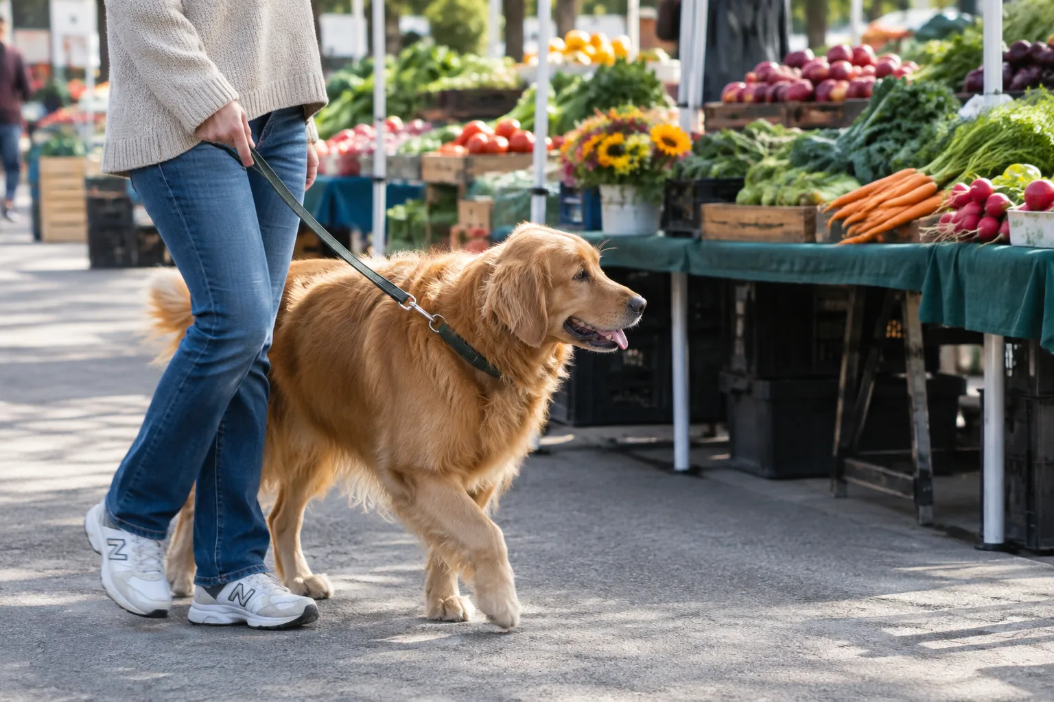 Un chien tenu en laisse accompagne son propriétaire dans une allée dégagée d’un marché de producteurs.
