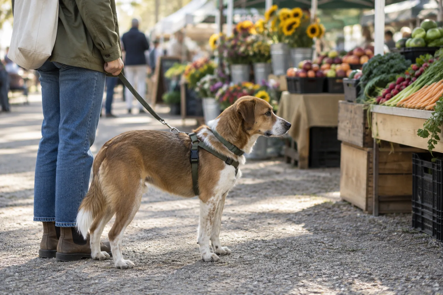Un chien tenu en laisse accompagne son propriétaire dans une allée calme de marché en plein air.