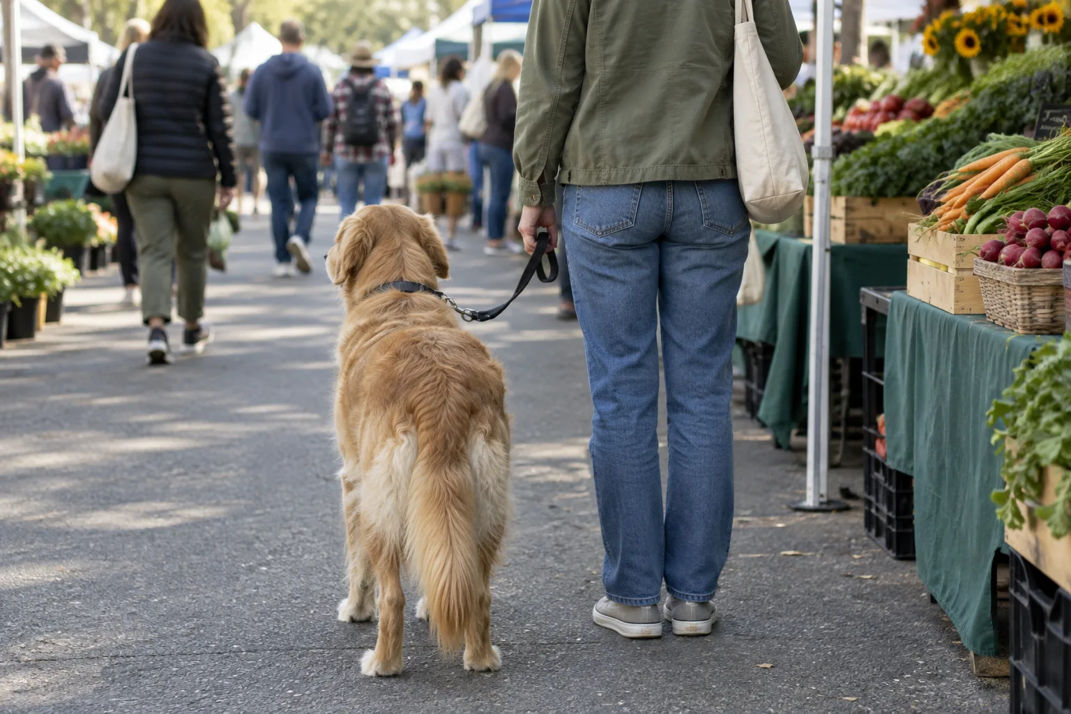 À la périphérie d’un marché, un chien en laisse observe les allées avant de s’y engager.