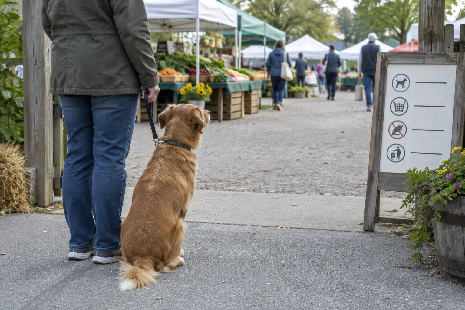 Un chien en laisse attend près de l’entrée d’un marché, à côté d’un panneau d’information.