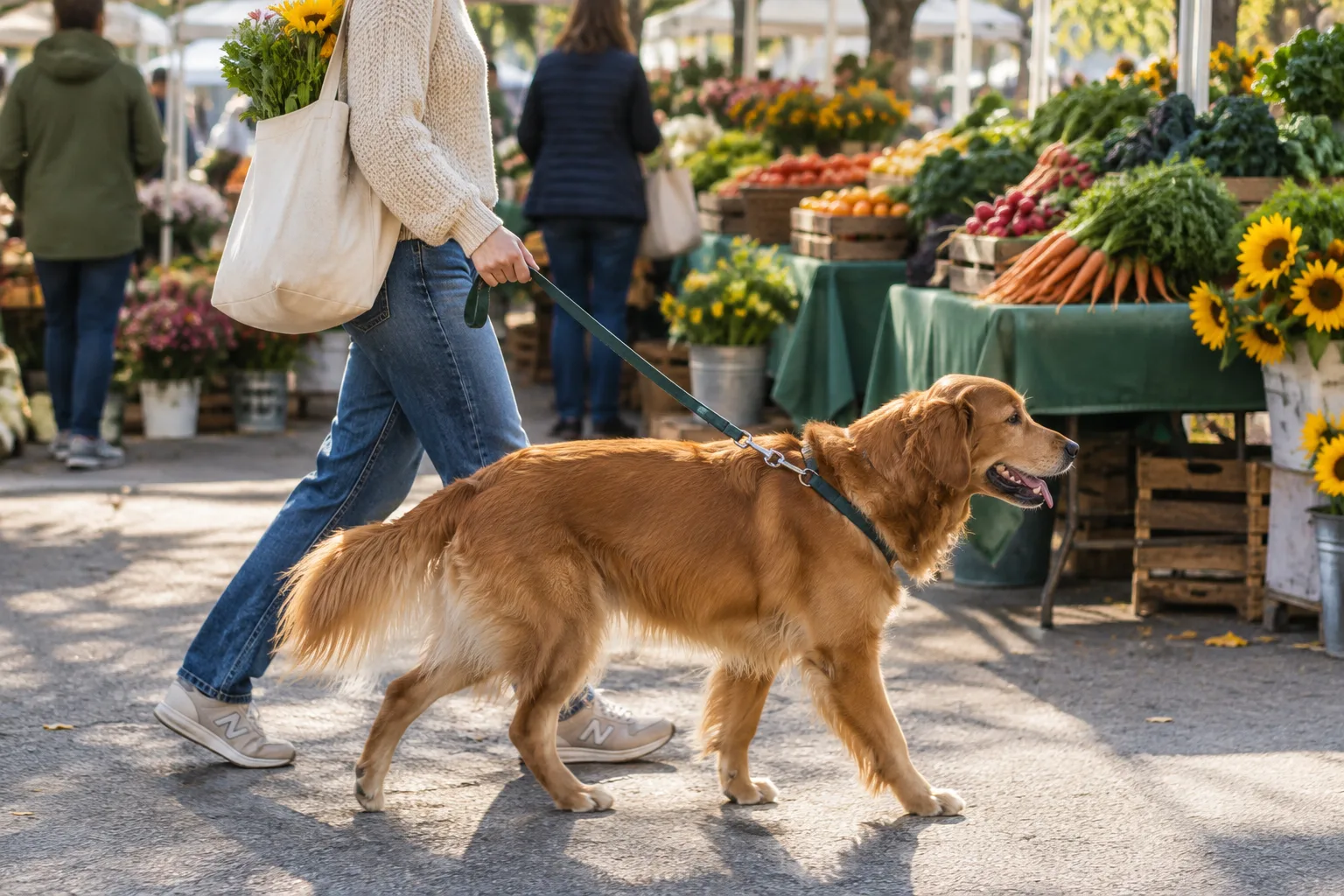 Un chien tenu en laisse accompagne son propriétaire près des étals d’un marché de producteurs.