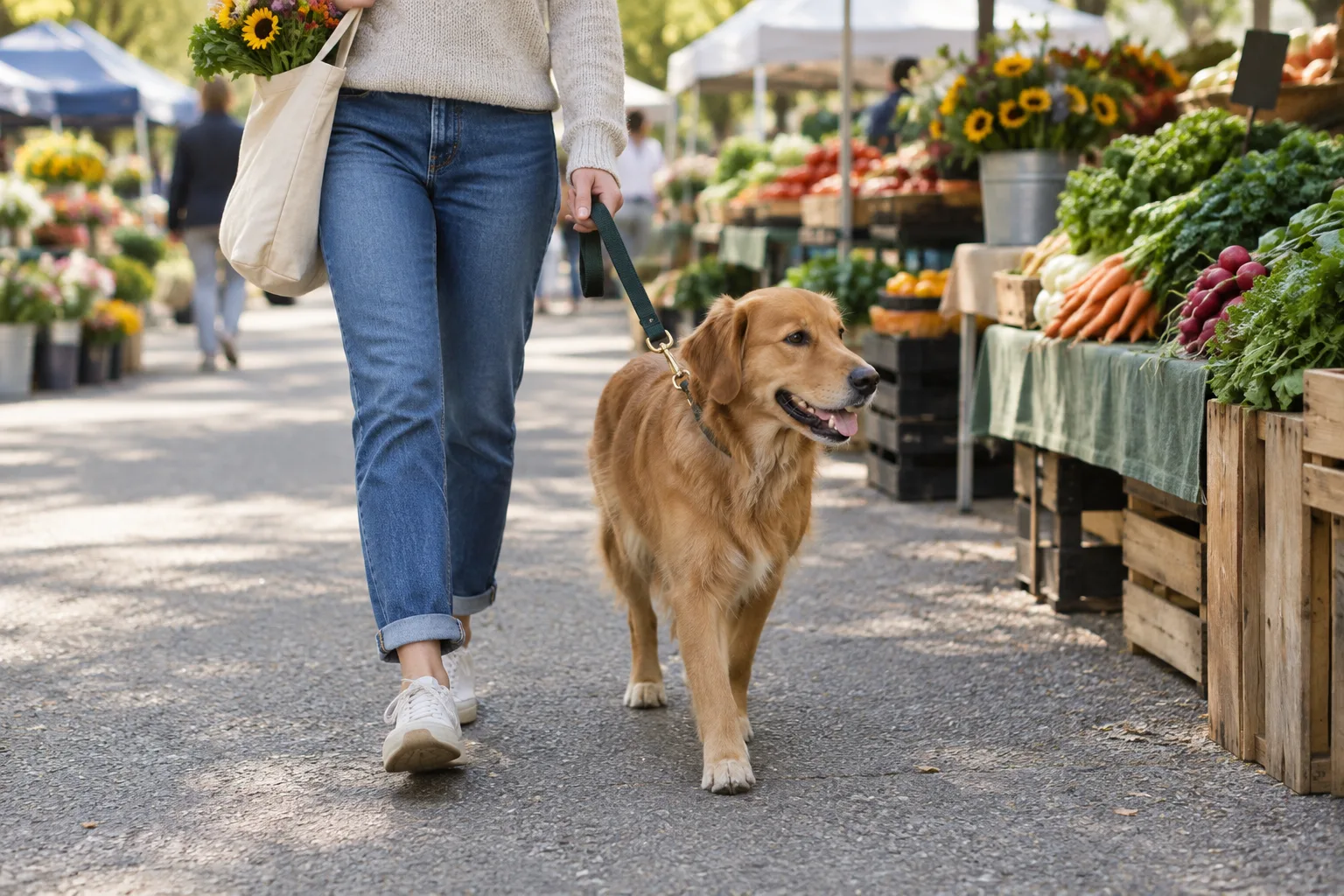 Un chien tenu en laisse accompagne son propriétaire entre les étals d’un marché de producteurs.