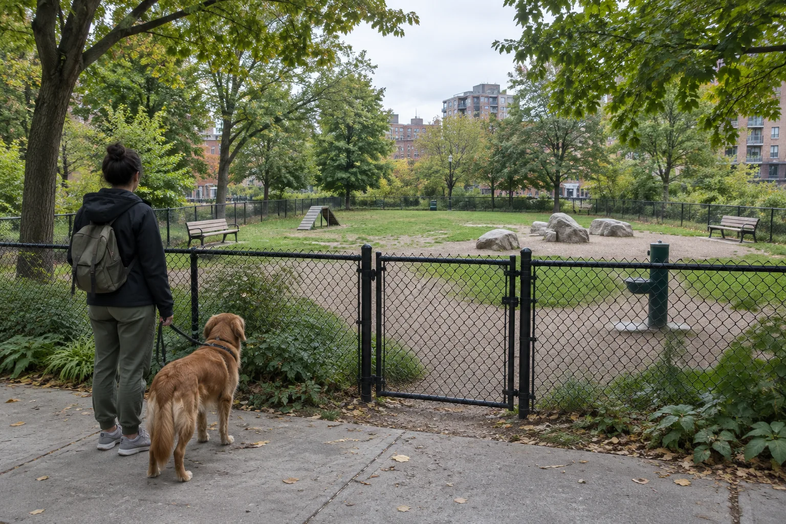 Une personne observe l’aménagement d’un parc canin avec son chien tenu en laisse.