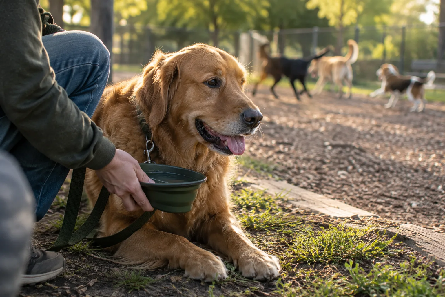 Un chien fait une pause pour boire à l’écart des autres chiens dans un parc canin.