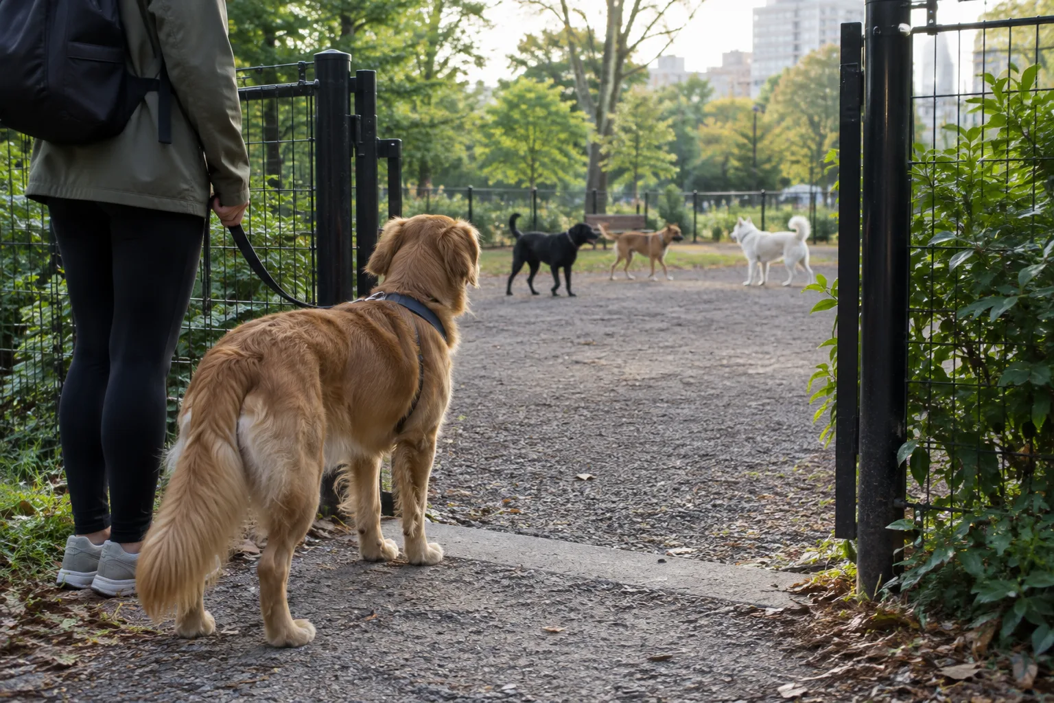 Un chien observe l’entrée d’un parc canin tandis que sa personne tient la laisse.