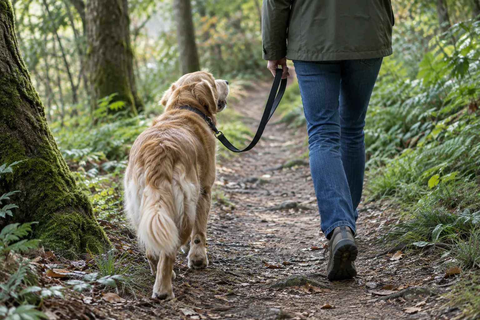 Un chien marche près de son propriétaire, tenu en laisse sur un chemin étroit en forêt.