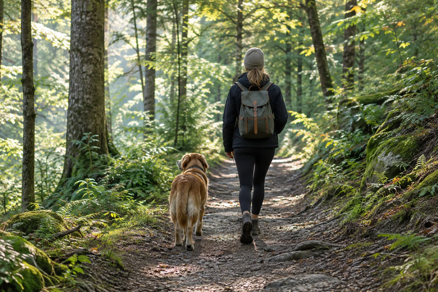 Un chien tenu en laisse avance sur un sentier forestier bordé d’arbres.