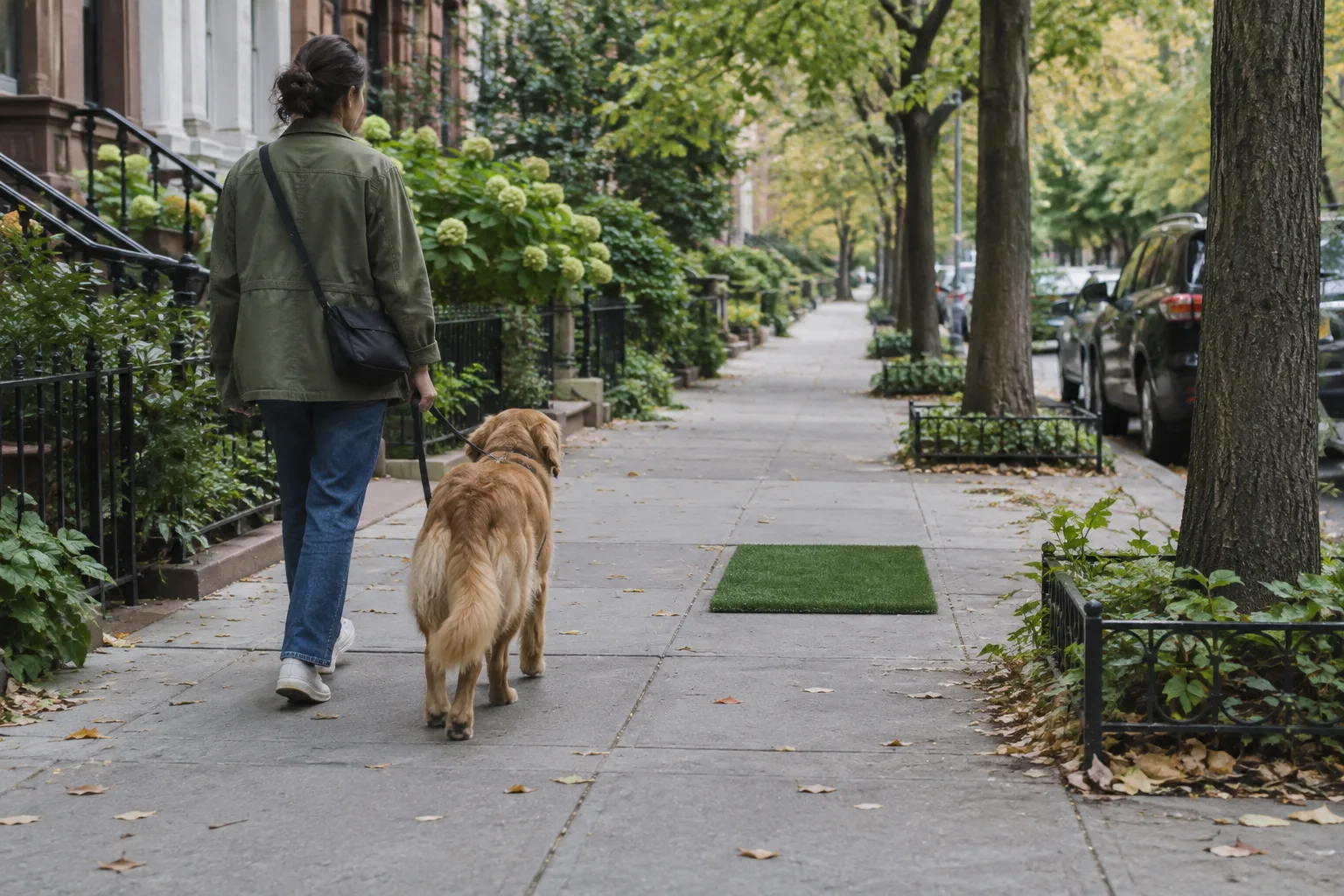 Un chien avance sur un trottoir bordé d’arbres, en direction d’un petit espace vert.