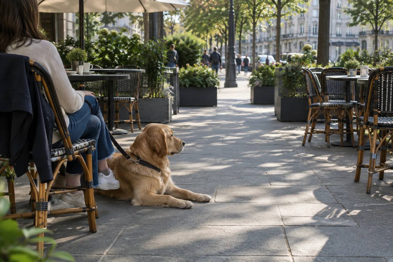 Un chien repose près de la chaise de son propriétaire, à l’écart du passage sur une terrasse.