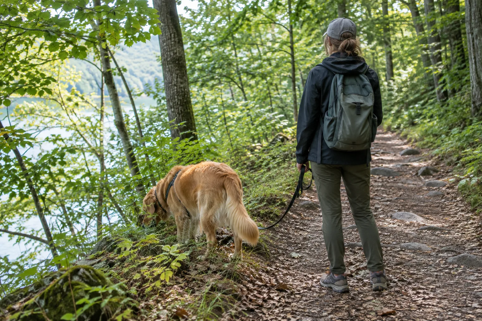Un chien renifle au bord d’un sentier tandis que son propriétaire lui laisse le temps de faire une pause.