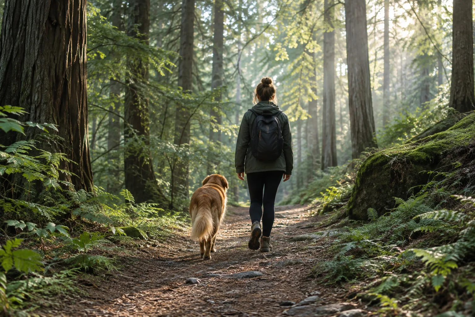 Un chien marche près de son propriétaire sur un sentier forestier bordé d’arbres.