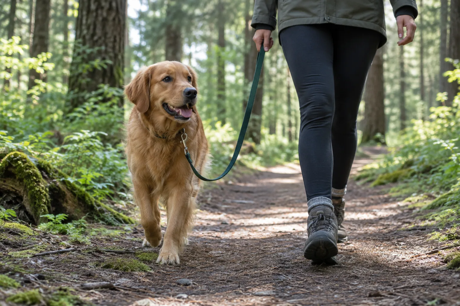 Un chien en laisse marche sur un sentier forestier aux côtés de son propriétaire.